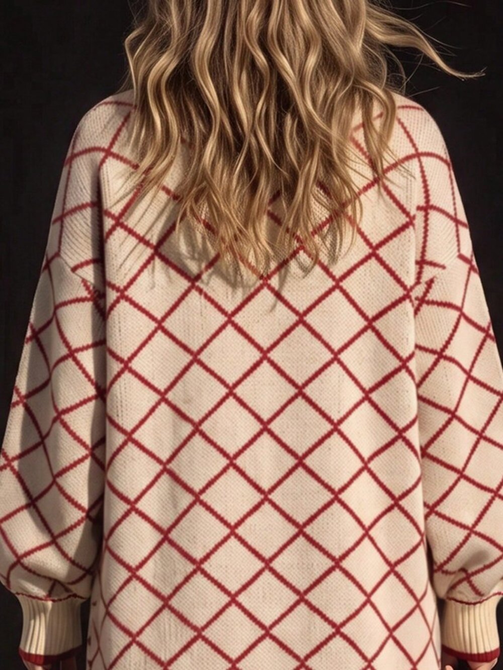 Multicolor Casual Women's Diamond Check Jacquard V-Neck Ribbed Cuffs Cardigan - Picture 6 of 6